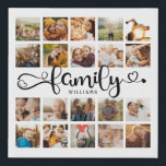 Modern Family Script 20 Photo Collage Chic Stylish Faux Canvas Print<br><div class="desc">Modern custom photo collage print with space for 20 photos surrounding a trendy swirly script reading FAMILY and your custom name below.</div>