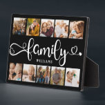 Modern Family Script Collage Chic 10 Photo Collage Plaque<br><div class="desc">Modern custom photo collage plaque with space for 10 photos surrounding a trendy swirly script reading FAMILY and your custom name below.</div>