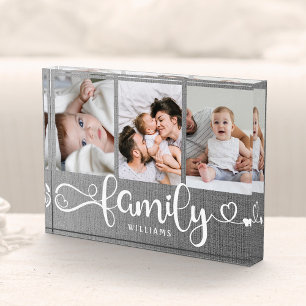 Modern Family Script Collage Linen 3 Photo Block