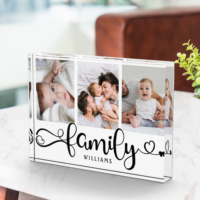 Modern Family Script Collage Simple Elegant Photo  (Triple the love! Our custom family photo block, cute script, and a trio of cherished moments.)