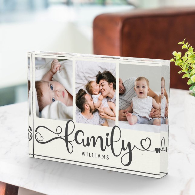 Modern Family Script Collage Simple Elegant Photo  Block (Triple the love! Our custom family photo block, cute script, and a trio of cherished moments. )