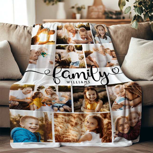 Modern Family Script Hearts Photo Collage Chic Fleece Blanket (Creator Uploaded)