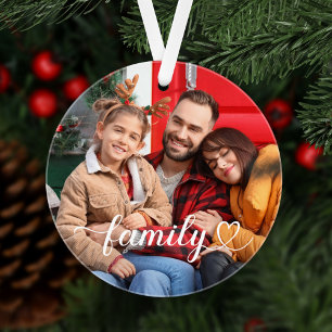 Modern Family Script Photo Keepsake White Text Ornament