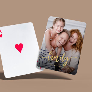 Modern family script photo personalised playing cards