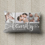 Modern Family Script Rustic Linen 3 Photo Collage Lumbar Cushion<br><div class="desc">Modern custom photo collage pillow with space for 3 photos surrounding a trendy swirly script reading FAMILY and your custom name below. This is the farmhouse version with grey printed linen burlap.</div>
