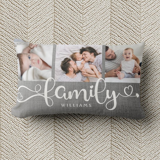 Modern Family Script Rustic Linen 3 Photo Collage Lumbar Cushion (Creator Uploaded)
