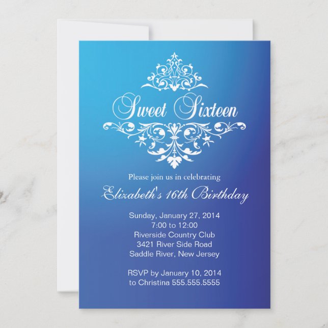Modern Fancy Blue Sweet Sixteen Birthday Party Invitation (Front)