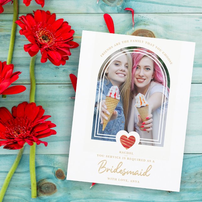 Modern Fancy Bridesmaid Red Heart Photo Proposal  Postcard (Creator Uploaded)