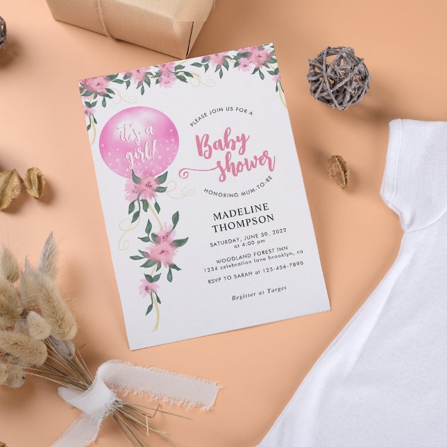 Modern Fancy Pink Floral Balloon Girl Baby Shower Invitation (Creator Uploaded)