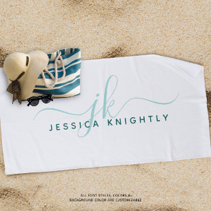 Modern Fancy Script Monogram Teal Turquoise White Beach Towel