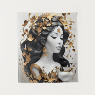 Modern Fantasy Art in Black and Gold  Tapestry