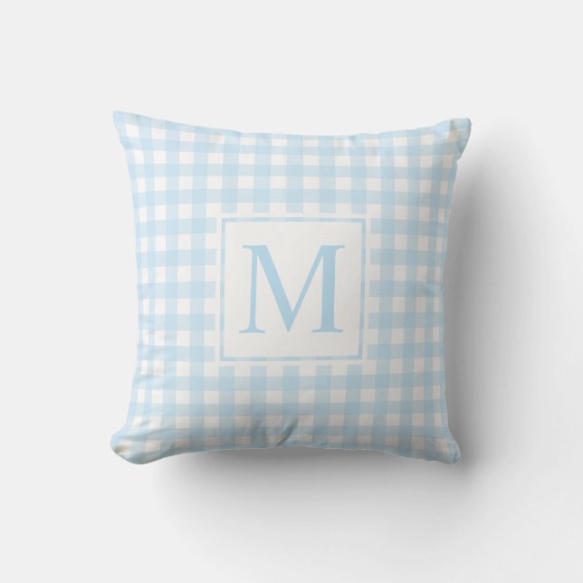 Modern Farmhouse Baby Blue Medium Gingham Monogram Cushion (Front)
