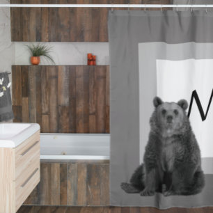 Modern Farmhouse Bear Monogram Cabin Black White  Shower Curtain