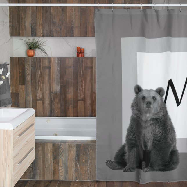 Modern Farmhouse Bear Monogram Cabin Black White  Shower Curtain (Creator Uploaded)