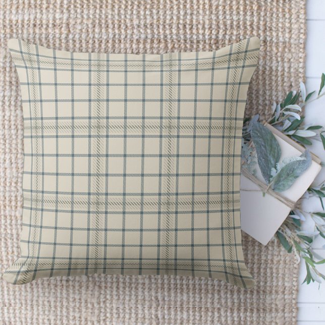 Modern Farmhouse Beige And Blue Plaid Couch Cushion (throw pillow farmhouse pillows country beige and blue plaid throw pillow )