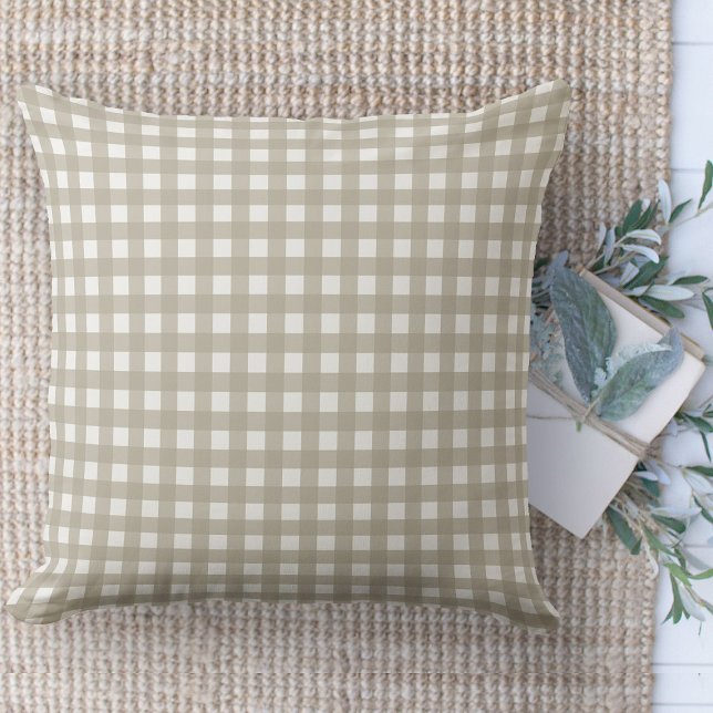 Modern Farmhouse Beige And White Gingham Plaid Cushion (throw pillow farmhouse pillows country beige and white plaid throw pillow )