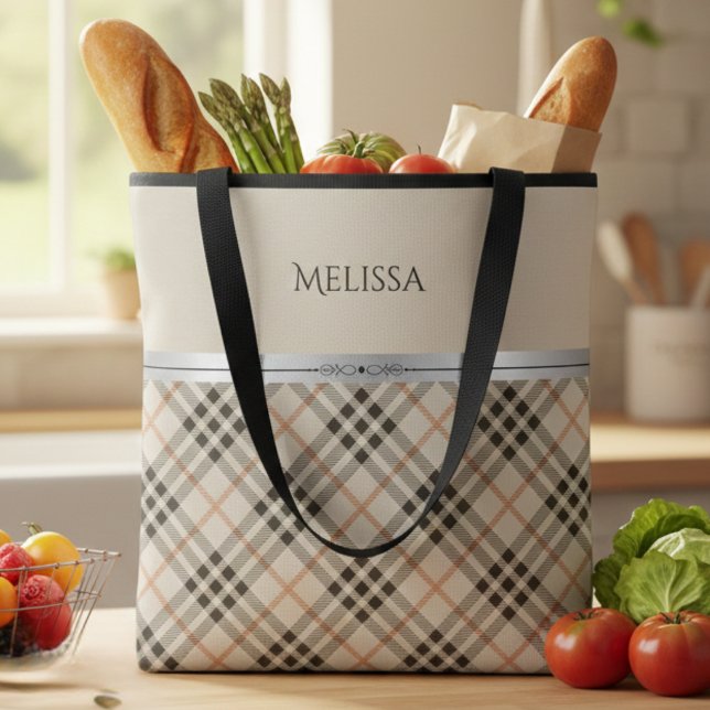 Modern Farmhouse Beige Plaid Pattern Tote Bag (Ditch the plastic for this high-end personalized tote. The perfect gift for her!)