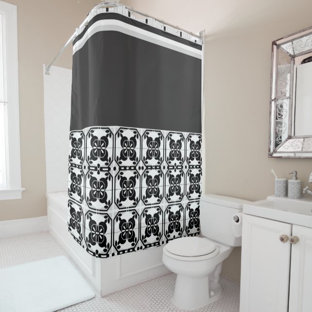Modern Farmhouse Black and White Classy Shower Curtain (In Situ)