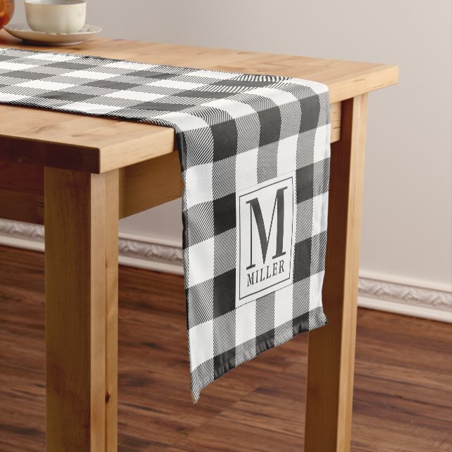Modern Farmhouse Black Buffalo Check Monogrammed Short Table Runner (In Situ)