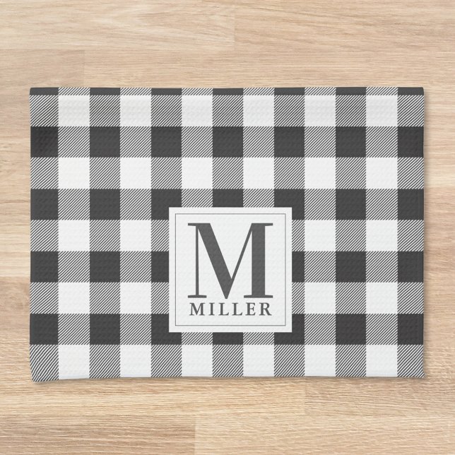Modern Farmhouse Black Buffalo Check Monogrammed Tea Towel (Creator Uploaded)