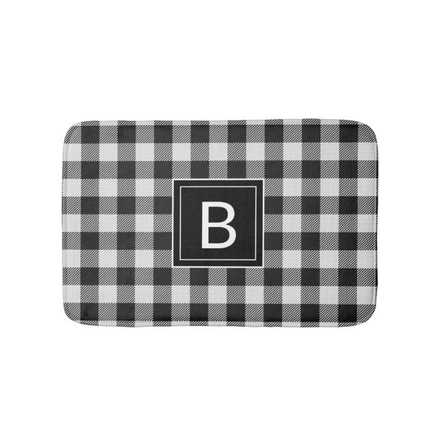 Modern Farmhouse Black Buffalo Plaid Monogrammed Bath Mat (Front)