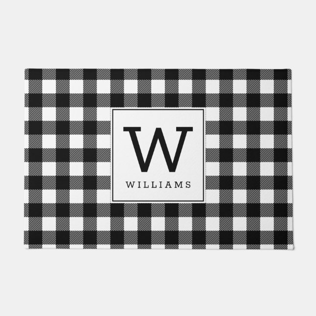 Modern Farmhouse Black Buffalo Plaid Monogrammed Doormat (Front)