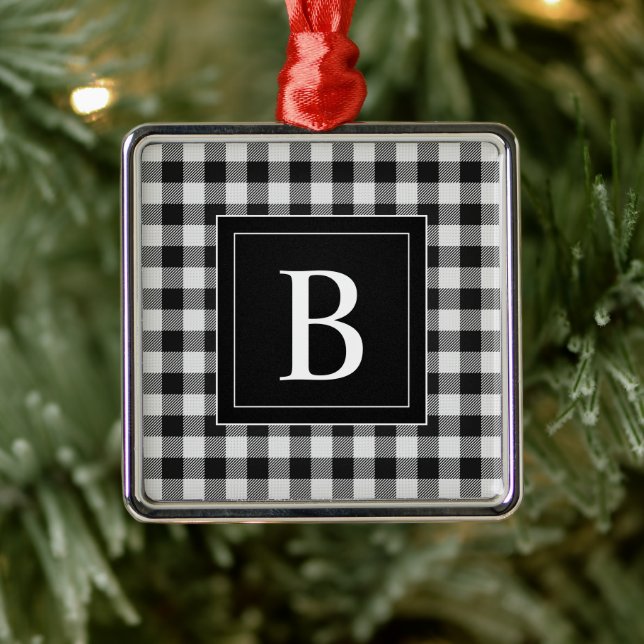 Modern Farmhouse Black Buffalo Plaid Monogrammed Metal Ornament (Tree)
