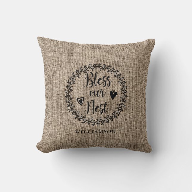Modern Farmhouse Bless Our Nest Family Name Cushion (Front)