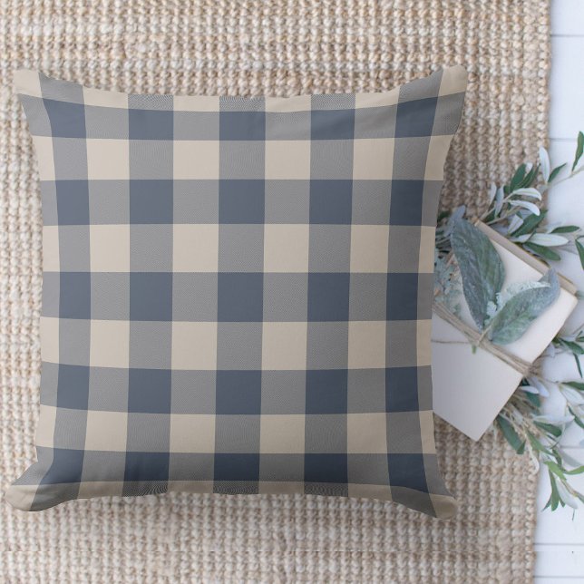 Modern Farmhouse Blue & Beige Buffalo Plaid Couch Cushion (Modern farmhouse throw pillow blue and beige buffalo plaid couch pillow )