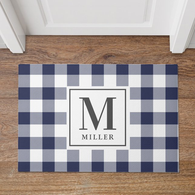 Modern Farmhouse Blue Buffalo Check Monogram Doormat (Creator Uploaded)