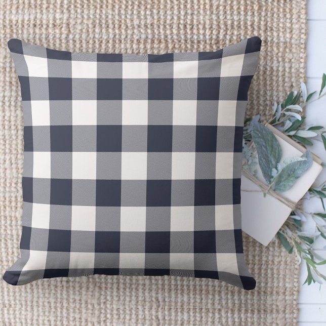 Modern Farmhouse Blue & White Buffalo Plaid Couch Cushion (Modern farmhouse throw pillow blue and white buffalo plaid couch pillow )