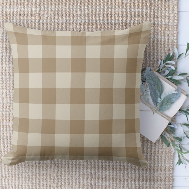Modern Farmhouse Brown & Beige Buffalo Plaid Cushion (Modern farmhouse throw pillow tan and beige buffalo plaid couch pillow )