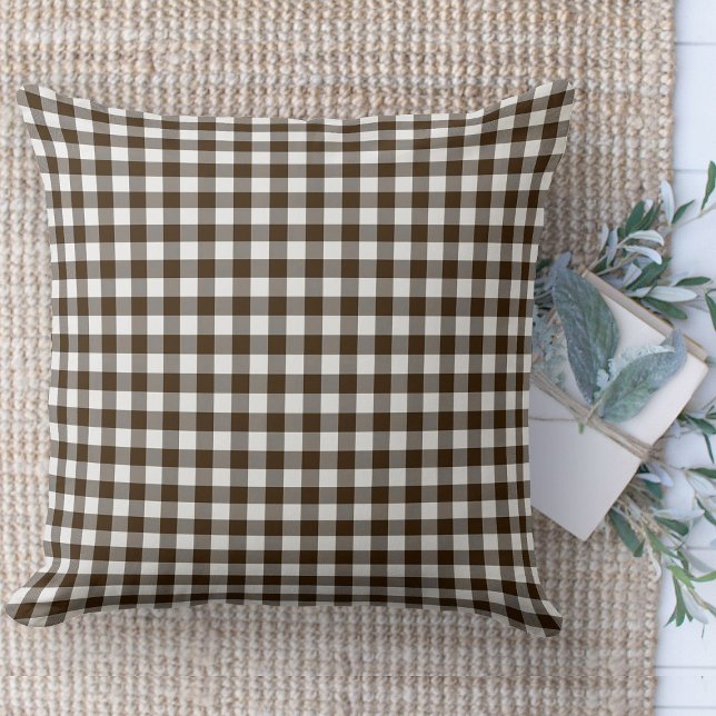 Modern Farmhouse Brown & White Gingham Couch Cushion (throw pillow farmhouse pillows country brown and white gingham plaid throw pillow )
