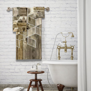 Modern Farmhouse Brown Wood Geometric Pattern Bath Towel Set