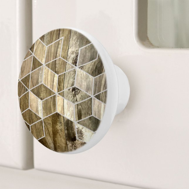 Modern Farmhouse Brown Wood Geometric Pattern  Ceramic Knob (Modern Farmhouse Brown Wood Geometric Pattern Ceramic Knob)