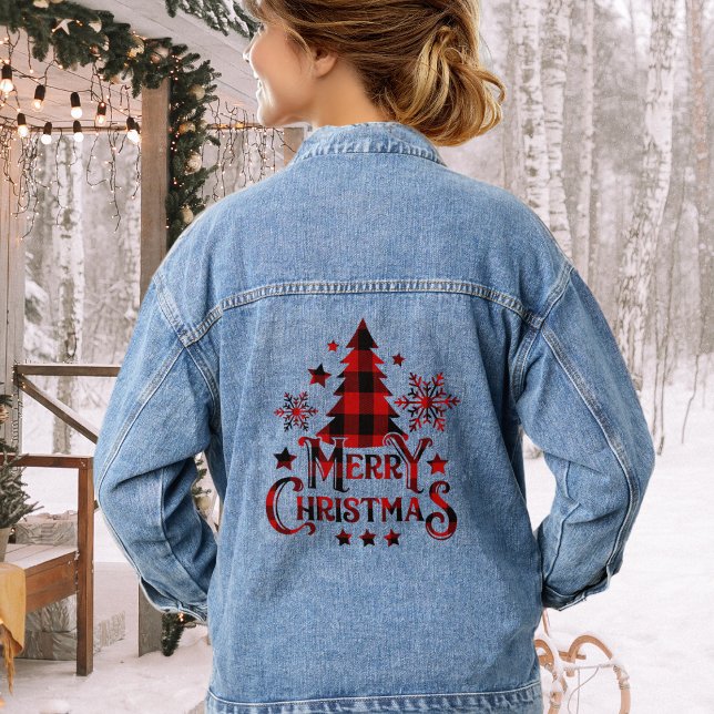 Modern Farmhouse Buffalo Plaid Merry Christmas Denim Jacket (Modern Farmhouse Buffalo Plaid Merry Christmas Denim Jacket)