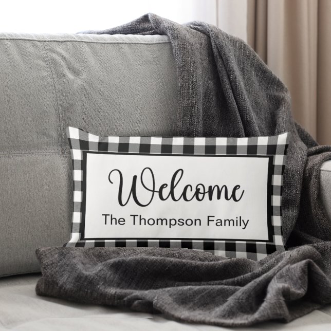 Modern Farmhouse Buffalo Plaid Welcome Custom Lumbar Cushion (Creator Uploaded)