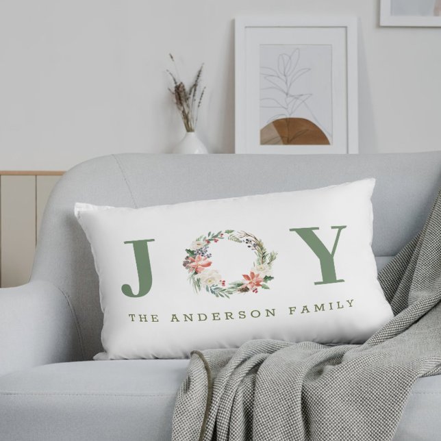Modern Farmhouse Christmas Joy Wreath Family Name Lumbar Cushion (Creator Uploaded)