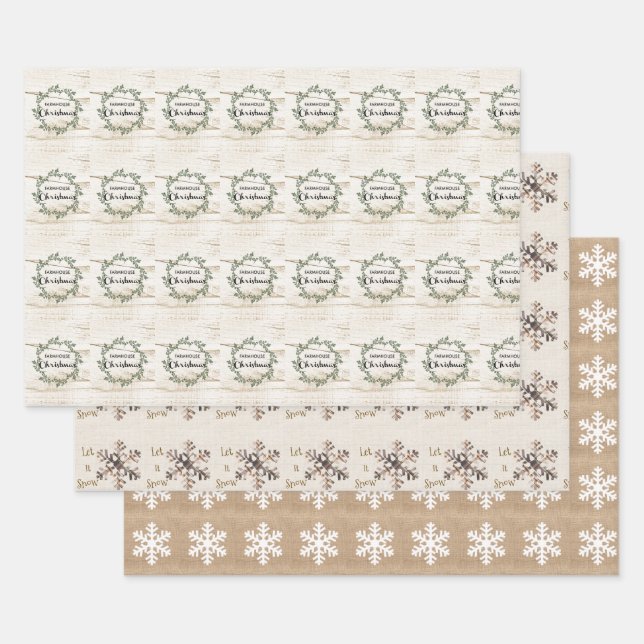 Modern Farmhouse Christmas Rustic Burlap and Wood Wrapping Paper Sheet (Set)