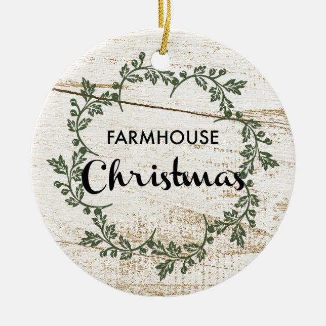 Modern Farmhouse Christmas Wreath Rustic Wood Ceramic Ornament (Front)