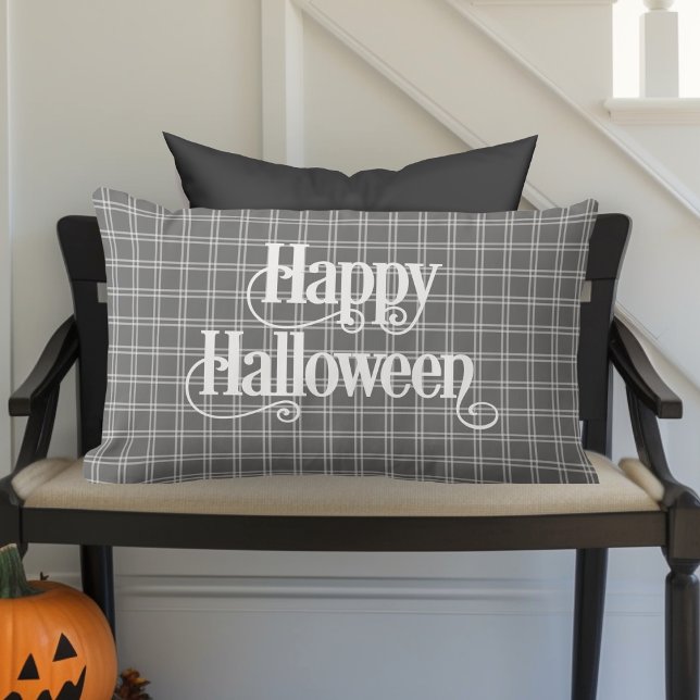 Modern Farmhouse Classic Plaid Happy Halloween Lumbar Cushion (Modern Farmhouse Classic Gray and White Plaid "Happy Halloween" Decorative Lumbar Pillow)