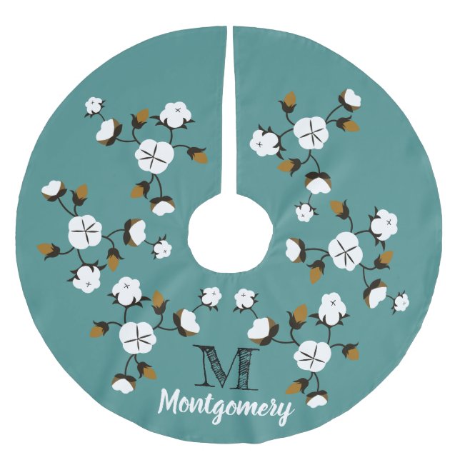 Modern Farmhouse Cotton Flowers & Teal Brushed Polyester Tree Skirt (Front)