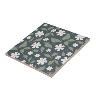 Modern Farmhouse Daisy Dark Blue Green & Sage Ceramic Tile