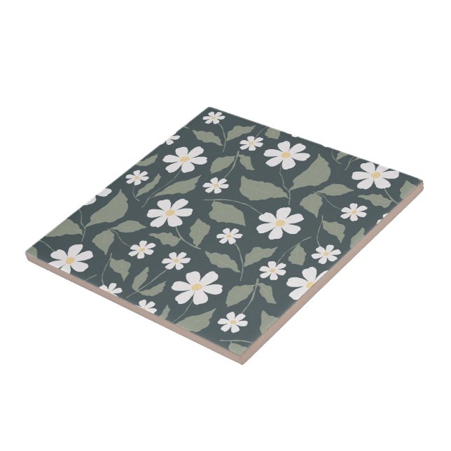 Modern Farmhouse Daisy Dark Blue Green & Sage Ceramic Tile (Side)