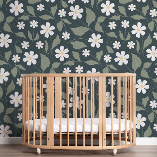 Modern Farmhouse Daisy Dark Blue Green & Sage Wallpaper