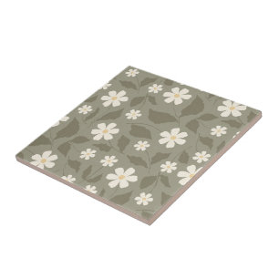 Modern Farmhouse Daisy Muted Olive and Earth Tones Ceramic Tile