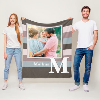 Modern Farmhouse Family Name Photo Monogram Fleece Blanket