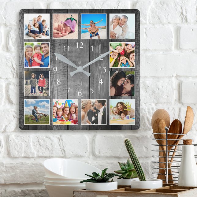 Modern Farmhouse Family Photo Collage Square Wall Clock (Creator Uploaded)