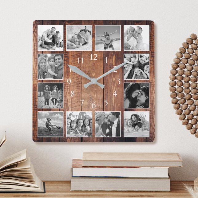 Modern Farmhouse Family Photo Collage Square Wall Clock (Creator Uploaded)