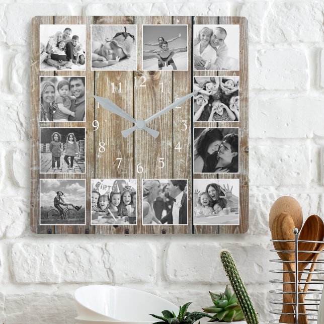 Modern Farmhouse Family Rustic Photo Collage Square Wall Clock (Creator Uploaded)